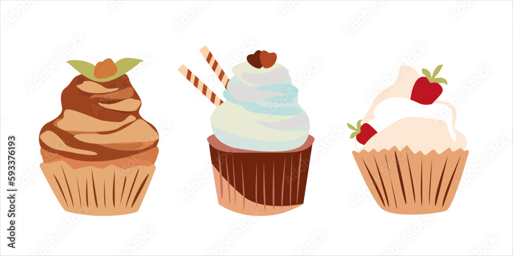 Collections of Sweet food. Creamy cupcake set isolated on white. Greeting card design element. Vector illustration.