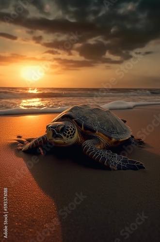 Turtle strolling on sandy beach at sunset. Generative AI.