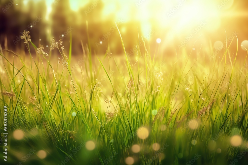 Tranquil Green Landscape with Sunrays Through the Grass. Generative AI.