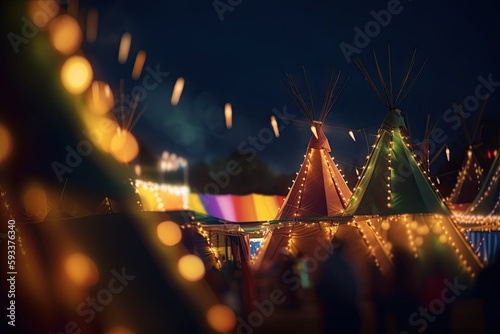 Blurred Background of Outdoor Festival Fair At Night. Generative AI.