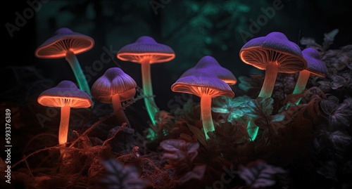Fluorescent Wild Mushrooms in the Dark. Generative AI.