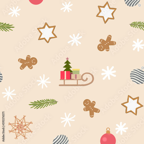Christmas motif seamless pattern in warm tone with ginger bread, sleigh, stars, balls and pine leaves 