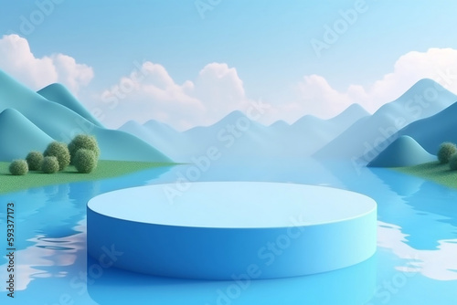 Nature-inspired display podium on blue sky background with flowing water, perfect for beauty and cosmetic product presentations. Ideal for spring and summer landscape banners. Generative ai.