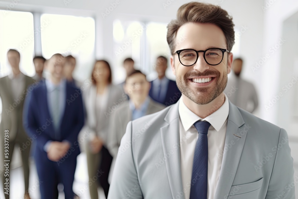 Smiling Businessman Leading His Successful Team. Generative AI. Smiling Businessman Leading His Successful Team. Generative AI.
