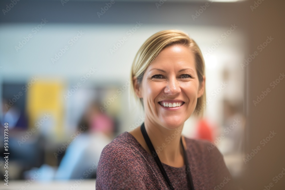 Middle-Aged Blonde Teacher Smiling in Classroom. Generative AI. Middle-Aged Blonde Teacher Smiling in Classroom. Generative AI.