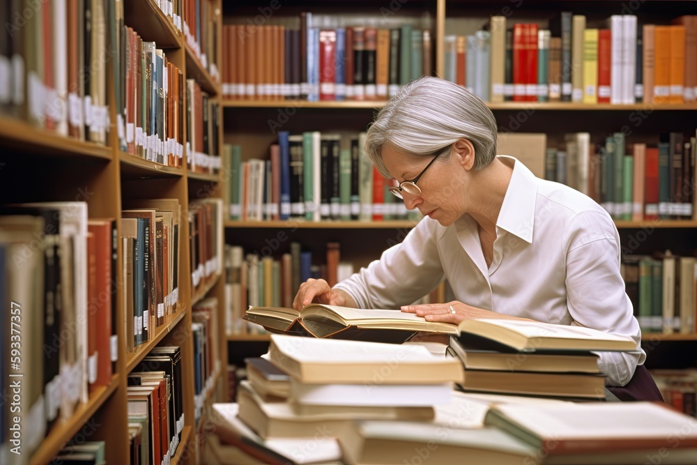 Experienced Librarian in her 50s Scanning Books for Research. Generative AI. Experienced Librarian in her 50s Scanning Books for Research. Generative AI.