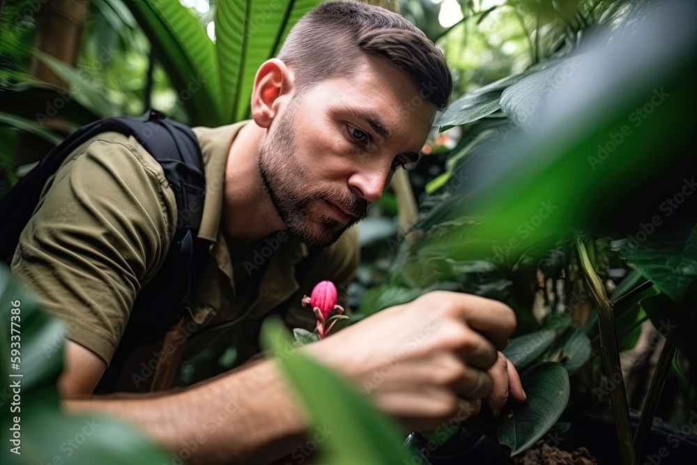 Man Looking at Plants in Botanical Garden. Generative AI. Man Looking at Plants in Botanical Garden. Generative AI.