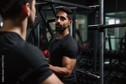 Male Personal Trainer Coaching Client in Gym. Generative AI.