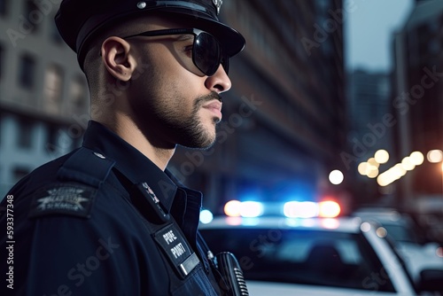 Police Officer in Shades Standing by Patrol Car. Generative AI.