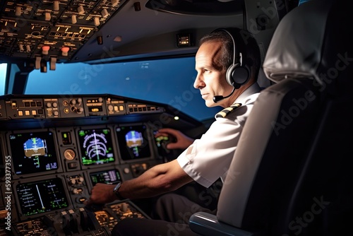 Experienced Pilot Ready for Takeoff in Cockpit. Generative AI. © Henry Letham