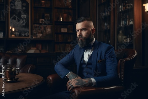 Bearded and Tattooed Gentleman Relaxing in Vintage Leather Chair. Generative AI.