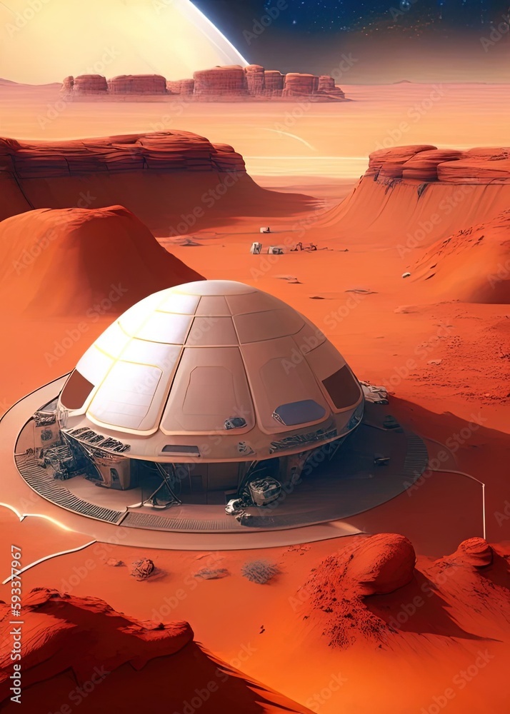 Space station on mars desert concept space exploration landscape illustration digital. Generative AI
