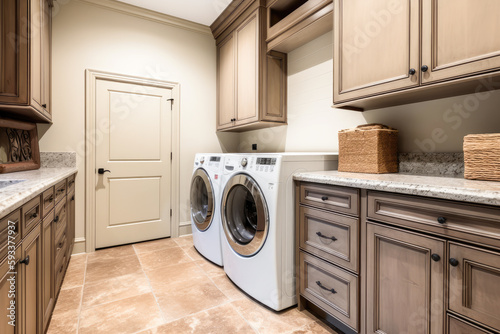 Laundry room with washers and dryers in a modern style, classic design, white walls, copy space. High quality generative ai