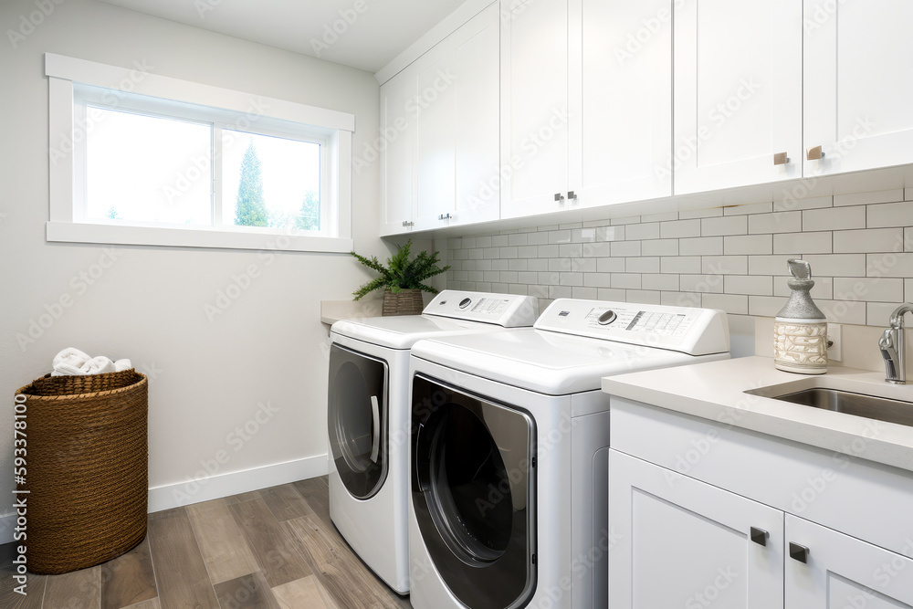 Laundry room with washers and dryers in a modern style, minimalist design, white walls, copy space. High quality generative ai Laundry room with washers and dryers in a modern style, minimalist design, white walls, copy space. High quality generative ai
