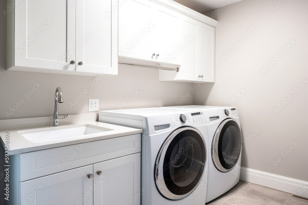 Laundry room with washers and dryers in a modern style, minimalist design, white walls, copy space. High quality generative ai