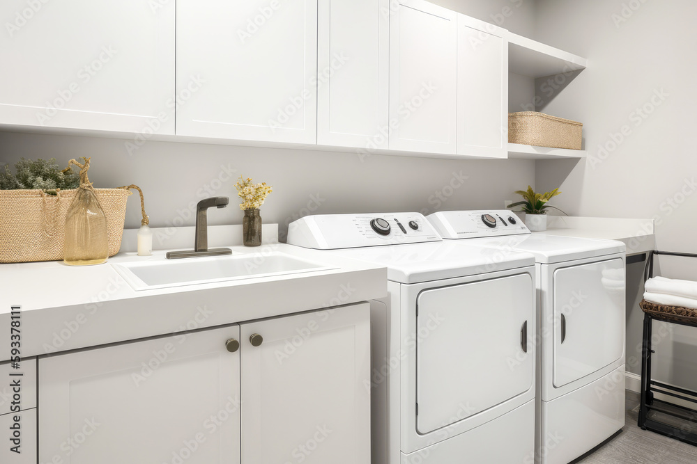 Laundry room with top loading washers in a modern style, minimalist design, white walls, copy space. High quality generative ai Laundry room with top loading washers in a modern style, minimalist design, white walls, copy space. High quality generative ai