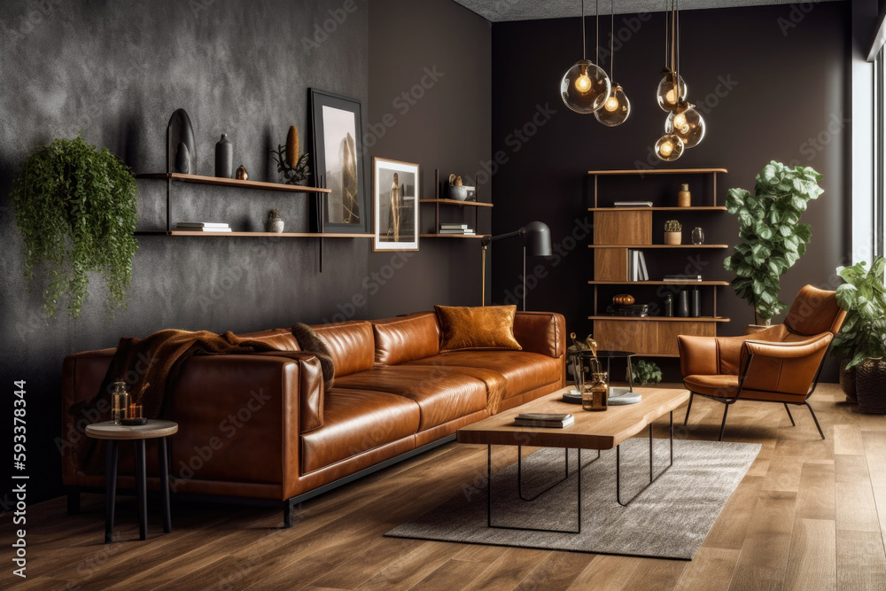 The interior of the living room has dark brown walls with wood elements ...