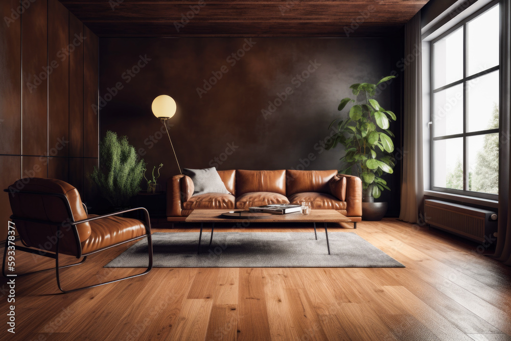 The interior of the living room has dark brown walls with wood elements ...