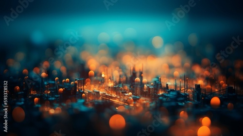 Abstract Cityscape Tilt Shift Effect with Blue and Orange Tones, Out of Focus Bokeh Background Graphic, AI Generative