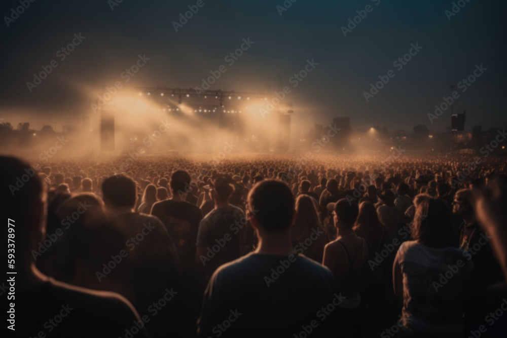 Silhouettes of concert crowd in front of bright stage lightsGeneratie AI