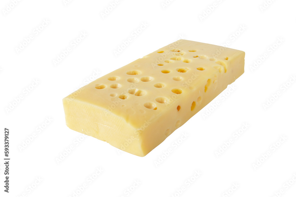 Emmental cheese, Swiss cheese isolated transparent png. Emmentaler yellow piece with eyes or round holes. 
