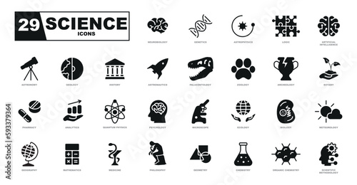 Science set of black flat icons.