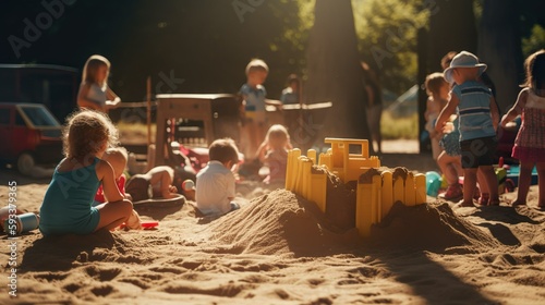 Spielende Kinder im Sandkasten am Sonnigen Tag mit Spielzeug und anderen Kindern die Spaß haben photo