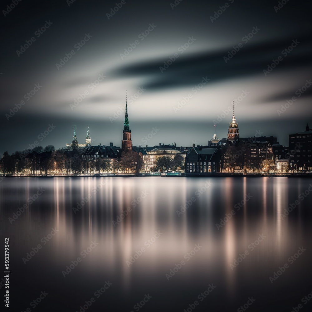 Imaginary Hamburg, city skyline across Elster with reflection, AI generative