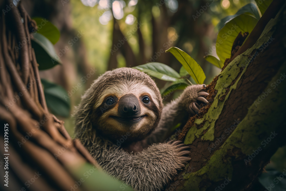 A sloth hangs in a tree A sloth hangs in a tree