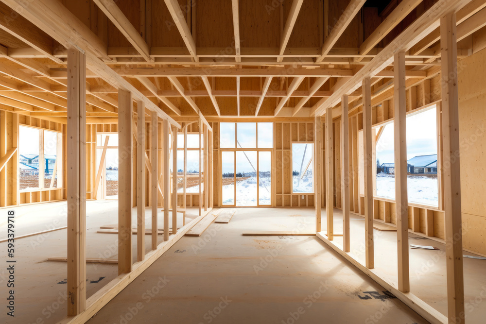 Unfinished interior of a prefabricated contemporary house. Construction site, building future home. Generative ai.