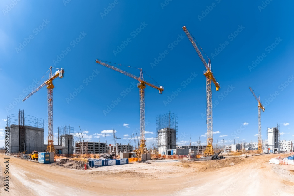Construction site in Dubai, United Arab Emirates, skyscrapers in the distance. Cranes on the site. Modern architecture. New world, new investments. Generative ai. Construction site in Dubai, United Arab Emirates, skyscrapers in the distance. Cranes on the site. Modern architecture. New world, new investments. Generative ai.