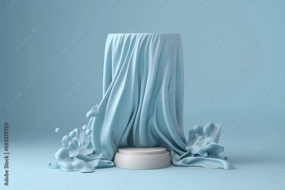 Pastel blue display podium with silk cloth curtain on a frosty background. Nature-inspired cosmetic product presentation stand with winter-themed luxury mockup. Generative ai.