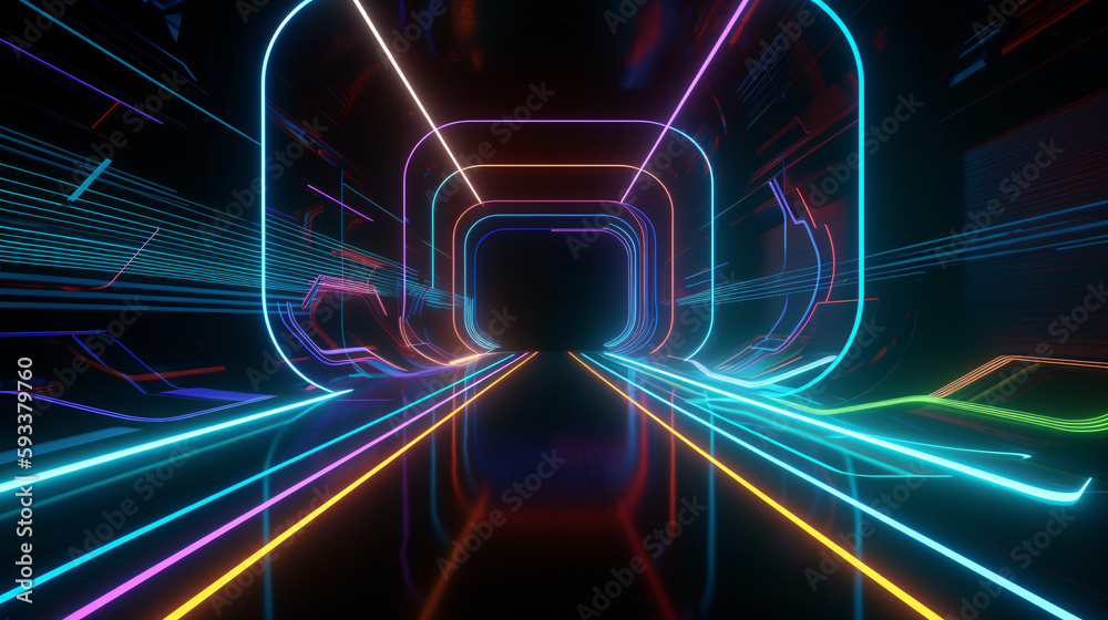 futuristic cyber space tunnel with RGB lighting super speed zooming in created with generative ai