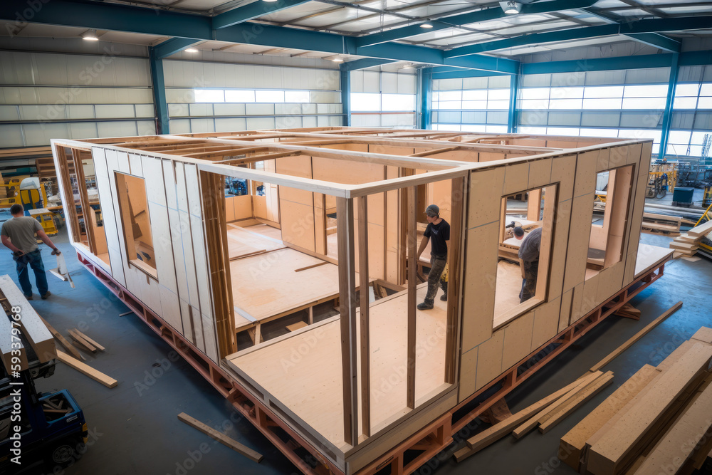 Workers assembling prefabricated house in the factory. Workers behind construction of a contemporary and self sufficient home. Future proof. Generative ai.