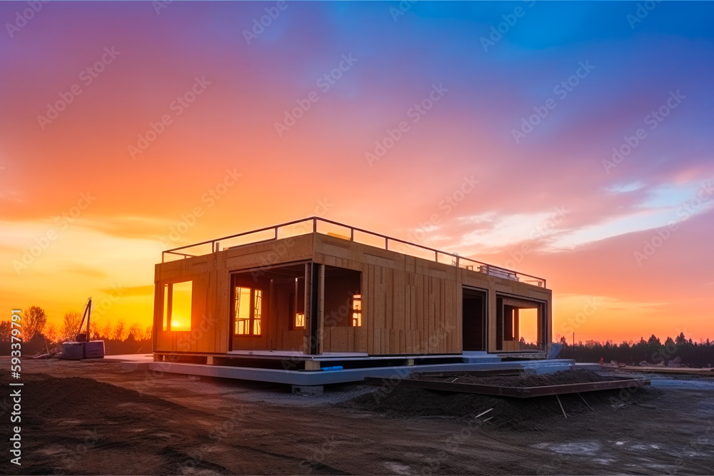 Construction of a new modern prefabricated house. Future proof building techniques, eco houses, self sufficient homes. Generative ai. Construction of a new modern prefabricated house. Future proof building techniques, eco houses, self sufficient homes. Generative ai.