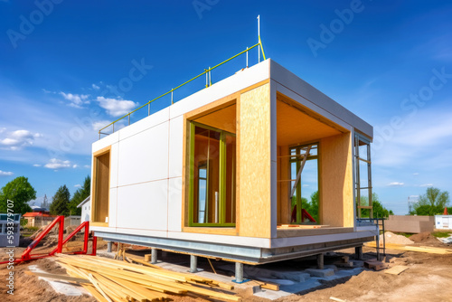 Construction of a new modern prefabricated house. Future proof building techniques, eco houses, self sufficient homes. Generative ai. © VisualProduction