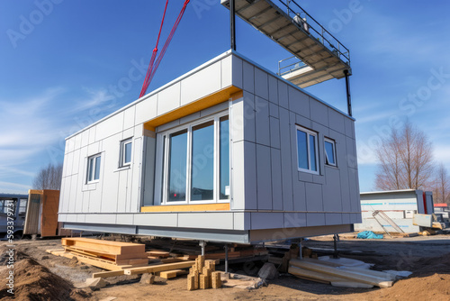 Construction of a new modern prefabricated house. Future proof building techniques, eco houses, self sufficient homes. Generative ai.