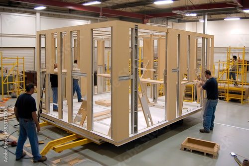 Workers assembling prefabricated house in the factory. Workers behind construction of a contemporary and self sufficient home. Future proof. Generative ai. photo