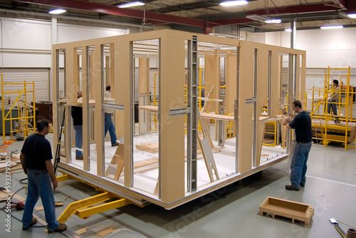 Workers assembling prefabricated house in the factory. Workers behind construction of a contemporary and self sufficient home. Future proof. Generative ai.
