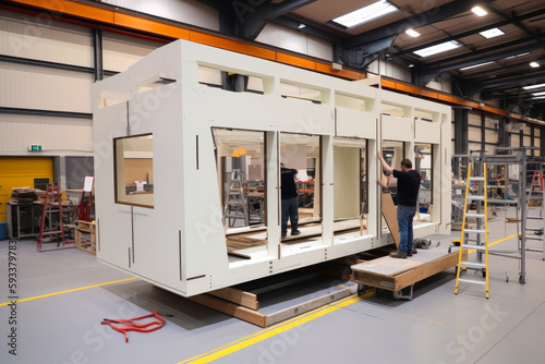 Workers assembling prefabricated house in the factory. Workers behind construction of a contemporary and self sufficient home. Future proof. Generative ai. photo