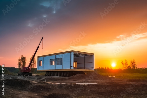 Construction of a new modern prefabricated house. Future proof building techniques, eco houses, self sufficient homes. Generative ai.