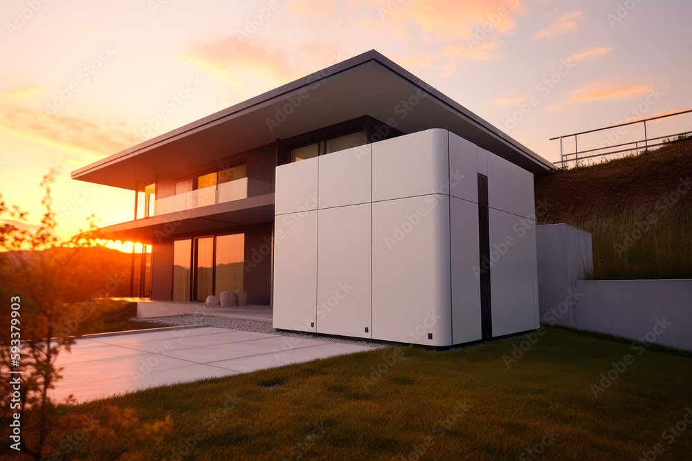 Home battery with modern house in the background. Contemporary architecture, smart home, self sufficient home. Generative ai. Home battery with modern house in the background. Contemporary architecture, smart home, self sufficient home. Generative ai.