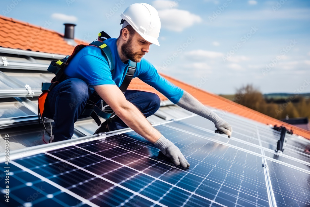 Engineer installing stand alone solar panel system. Using renewable energy sources to help with climate change. Generative ai.