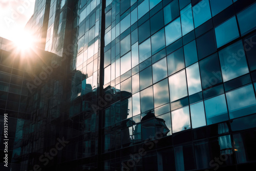 Sun reflecting in the windows of tall skyscrapers in metropolitan area. Business district of a major world capital city. Generative ai.