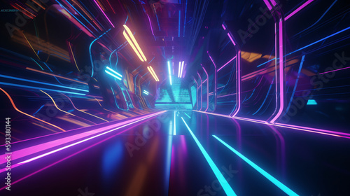 futuristic cyber space tunnel with RGB lighting super speed zooming in created with generative ai