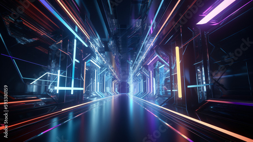 futuristic cyber space tunnel with RGB lighting super speed zooming in created with generative ai © KWY