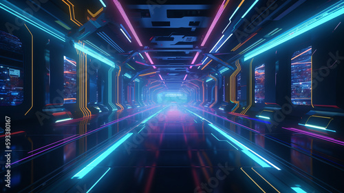 futuristic cyber space tunnel with RGB lighting super speed zooming in created with generative ai