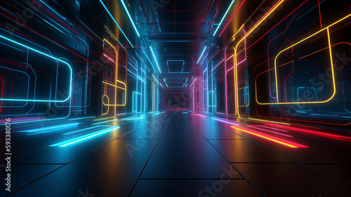 futuristic cyber space tunnel with RGB lighting super speed zooming in created with generative ai © KWY