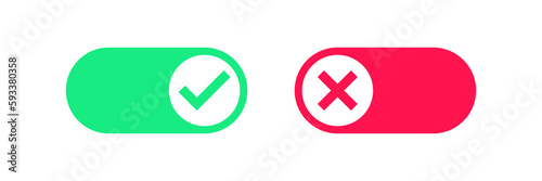Toggle icon. Switch symbol. Slider signs. Active symbols. Inactive icons. Cancel, check mark button. Red, green color. Vector sign.