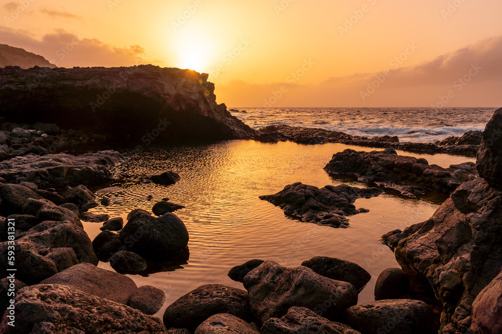 El Hierro Island. Canary Islands, landscape in the natural pool of Charco Azul at sunset